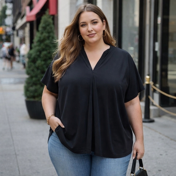 Addition Elle Tops - Addition Elle Black V-Neck Draped Short Sleeve Top